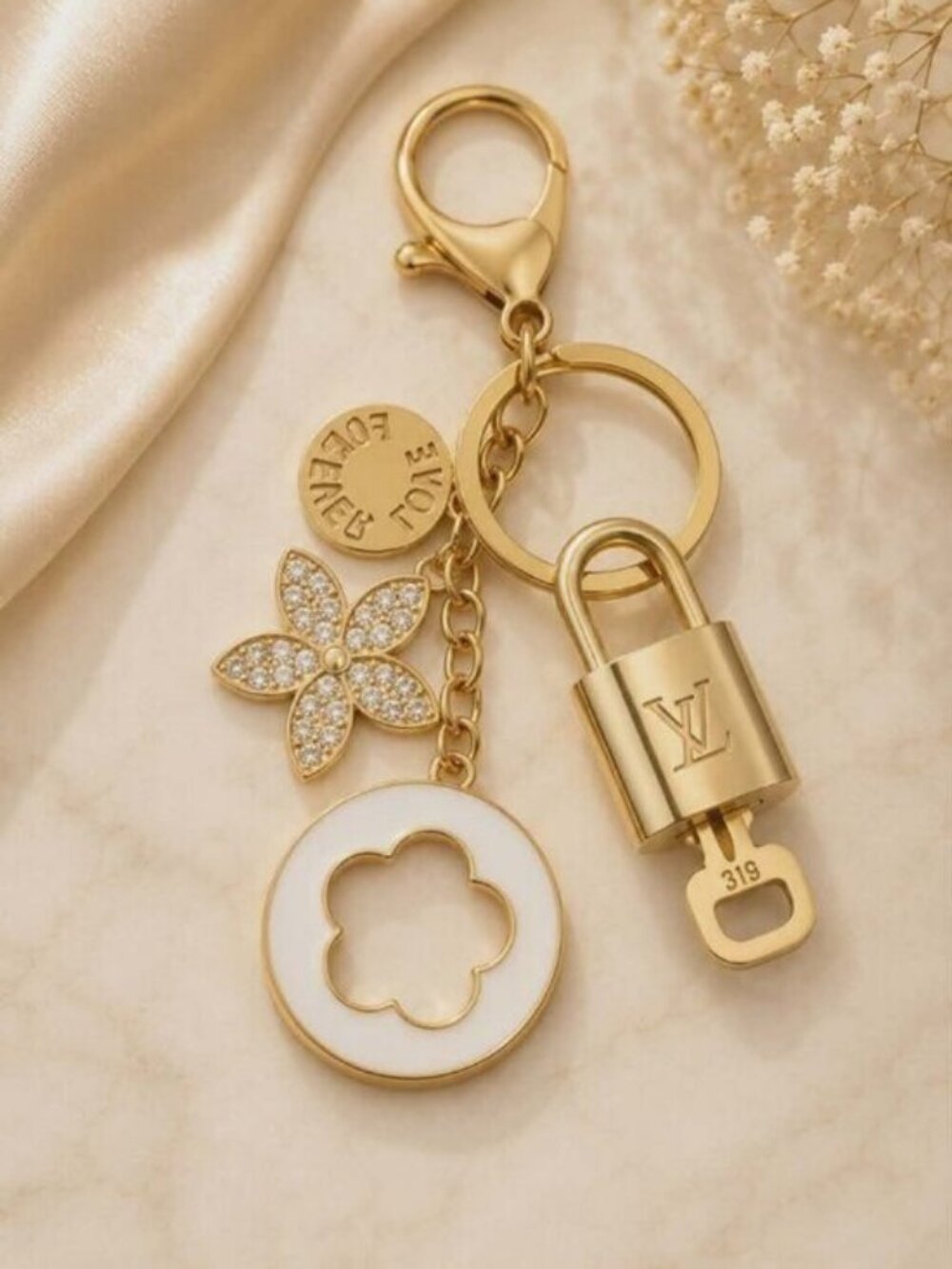LV Gold Padlock Authentic 🔑 Luxury Bag Charm w/ Unbranded Flower Keychain